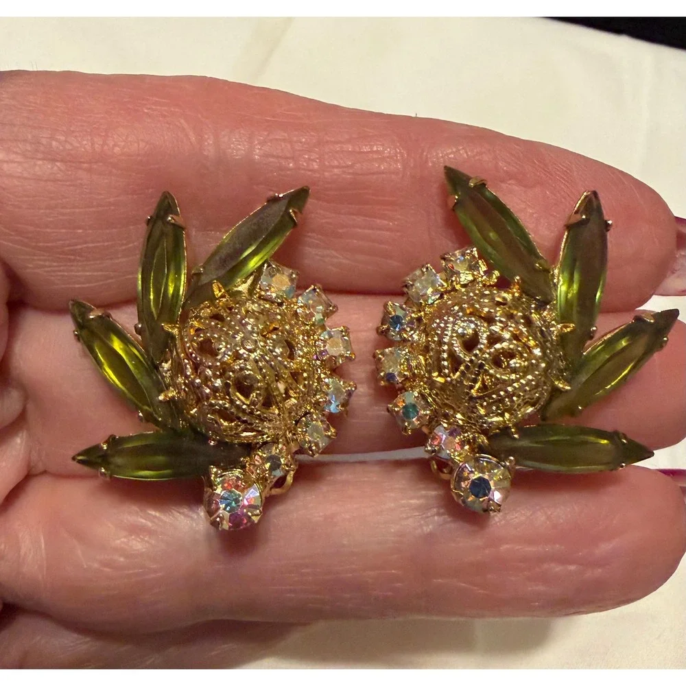 Juliana Clip On Earrings Green & AB Rhinestones